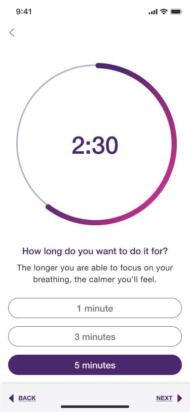 Active breathing exercise, interactive timer ring and duration choice